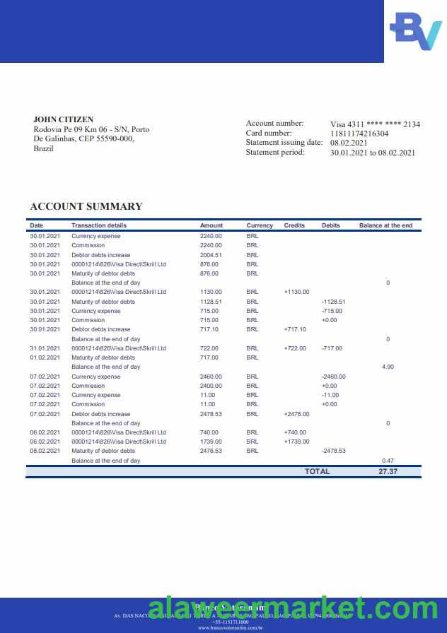 Brazil Banco Votorantim bank statement